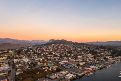 City of morro bay, california. aerial drone photo at sunset.