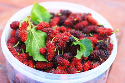 High angle view of strawberries in bowl