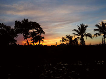 Silhouette trees on field against sky during sunset