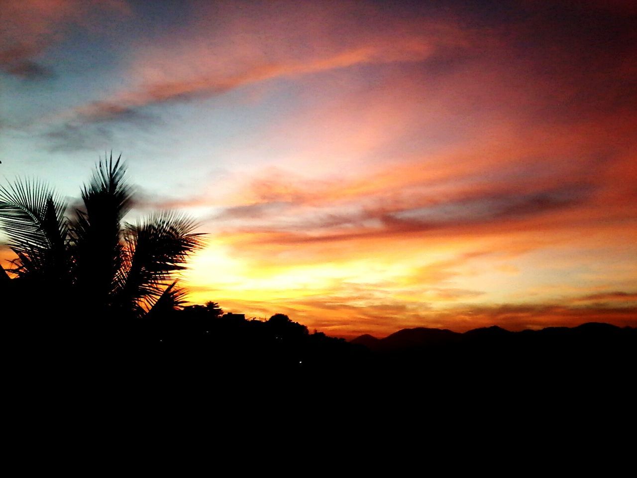 silhouette, sunset, sky, scenics, tranquil scene, beauty in nature, tranquility, cloud - sky, orange color, nature, dramatic sky, mountain, landscape, cloud, idyllic, tree, cloudy, dark, majestic, outline