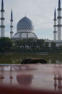 Reflection of temple in city