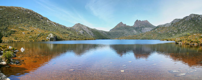 Scenic view of lake and mountains against sky