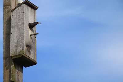 Low angle view of wooden post against clear sky