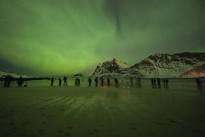 Crowds of northern lights photographers on vik beach, vestvågøy, lofoten islands, norway