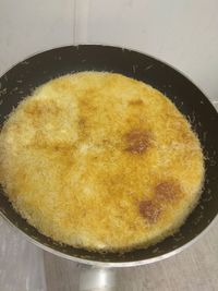 High angle view of soup in bowl on table