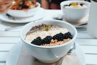 Close-up of fruit salad in bowl on table