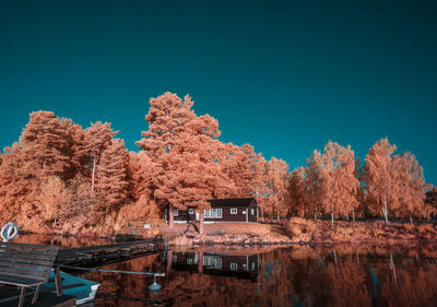 Infrared scenic view of lake against clear blue sky