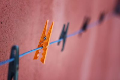 Close-up of clothespins hanging on clothesline by wall