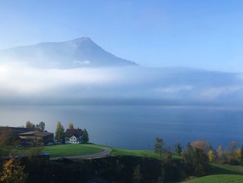 High angle view of bay against sky