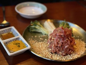 High angle view of food served in plate