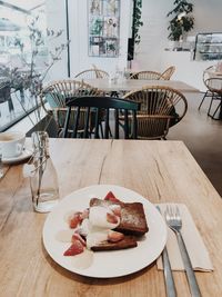 High angle view of breakfast served on table in restaurant