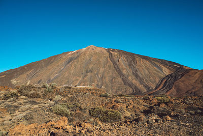 Scenic view of volcanic mountain against clear blue sky