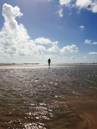 Rear view of man at beach against sky