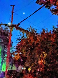 Low angle view of illuminated trees against blue sky