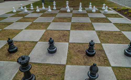 High angle view of chess board in park