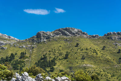 Low angle view of rocks against blue sky