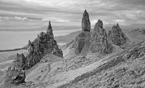 A black and white image of the old man of storr on the trotternish peninsula, isle of skye.