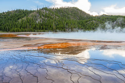 Late afternoon boardwalk-level view of grand prismatic spring in yellowstone national park, wy, usa.