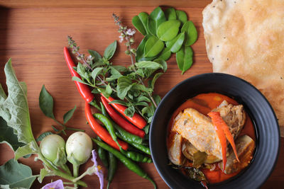 High angle view of vegetables in bowl on table