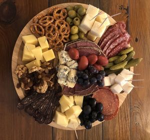 High angle view of fruits in plate on table