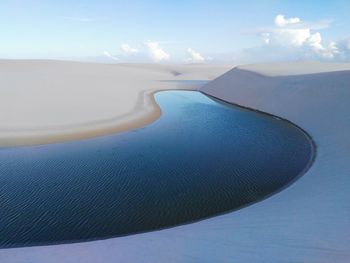 Scenic view of sand dunes and lagoon against sky