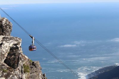 Low angle view of overhead cable car against sky