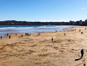 People on beach against clear sky