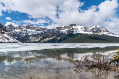 Scenic view of snowcapped mountains by lake against sky