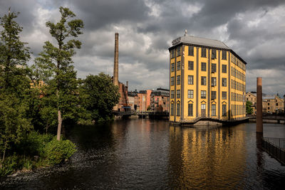 Buildings by river against sky in city