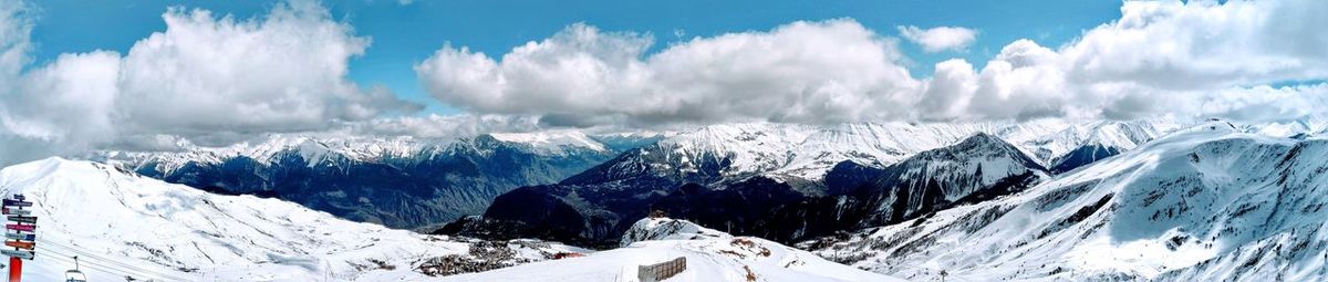 Panoramic view of snowcapped mountains against sky