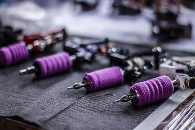Close-up of purple objects on table