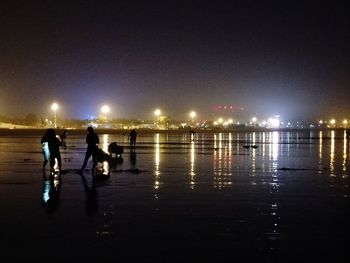 People walking on illuminated city at night