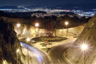 High angle view of light trails on street at night