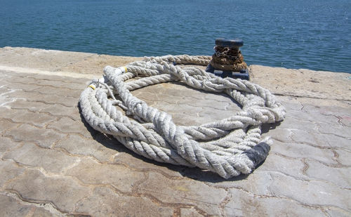 High angle view of rope tied on wood