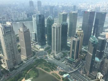 High angle view of modern buildings in city