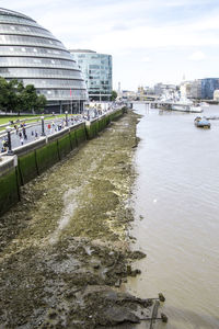 River by buildings in city against sky