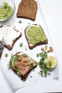 High angle view of breakfast served on table