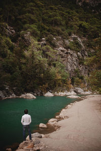 Rear view of man standing at beach