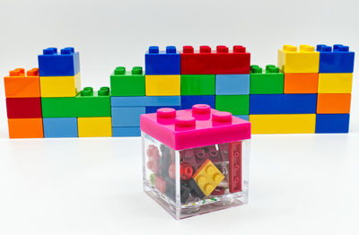 Close-up of toys against white background