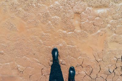 Low section of person against cracked earth