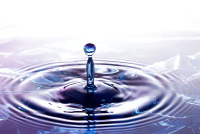 Close-up of drop falling on water against white background