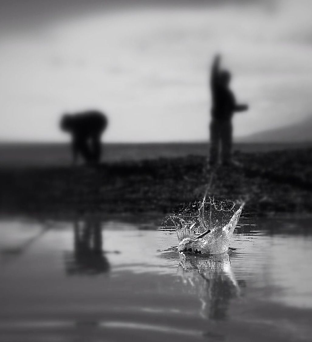 water, sea, beach, horizon over water, focus on foreground, selective focus, silhouette, nature, tranquility, waterfront, sky, lifestyles, leisure activity, shore, rear view, reflection, outdoors, person