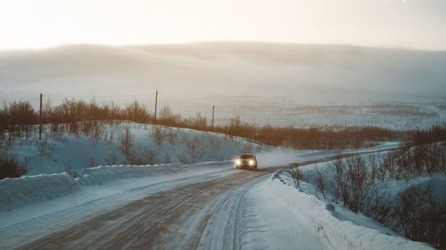 Snow covered road by plants against sky