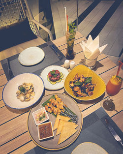 High angle view of meal served on table