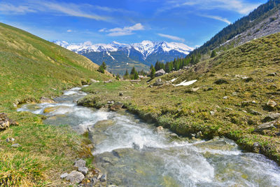 Stream flowing in a meadow with mountain range covered with snow background