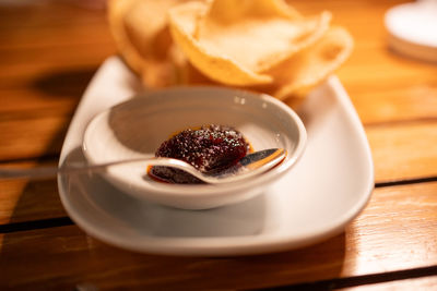 High angle view of dessert on table