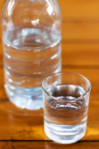 Close-up of drinking water on wooden table