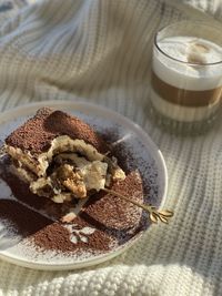 High angle view of dessert in plate on table