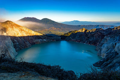 Scenic view of lake and mountains against blue sky