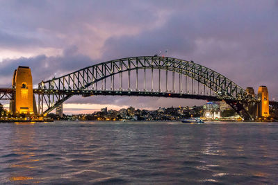 View of bridge and cityscape against dramatic sky